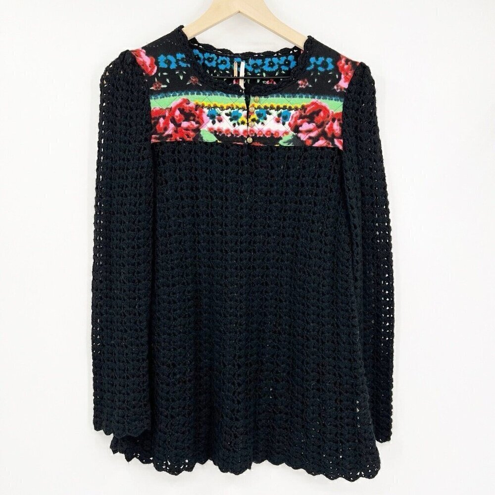 Free People Black Grandma Crochet Wool Blend Open Knit Boho Sweater Size Small